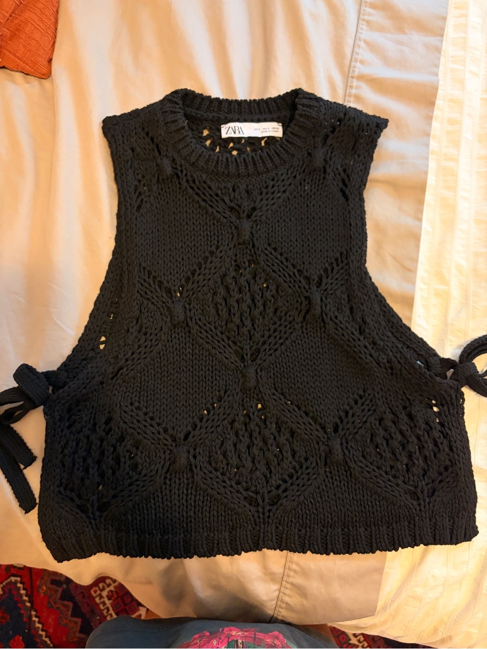Zara Black Crochet-Style Knit Cropped Tank with Side Ties